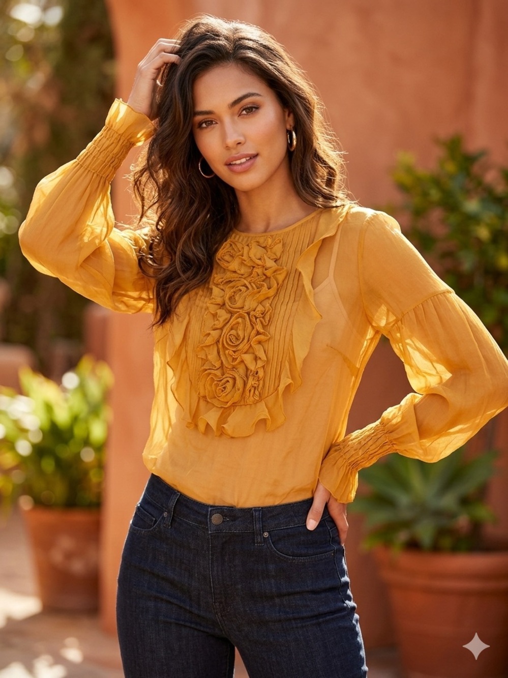 ANDY THE ANH 100% Silk Blouse Mustard Gold Ruffle Rose Floral Top Size 4 Luxury